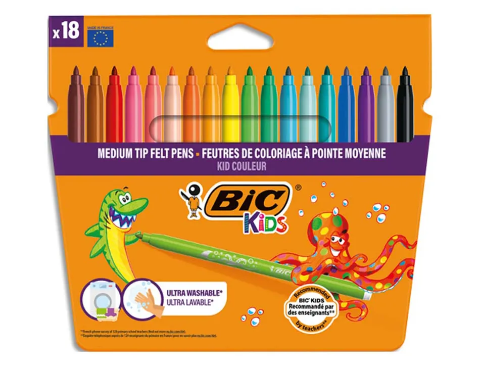 Feutre bic kids coloriage encre ultra-lavable capuchon ventilé pointe bloquée décor fantaisie pochette 18 unités