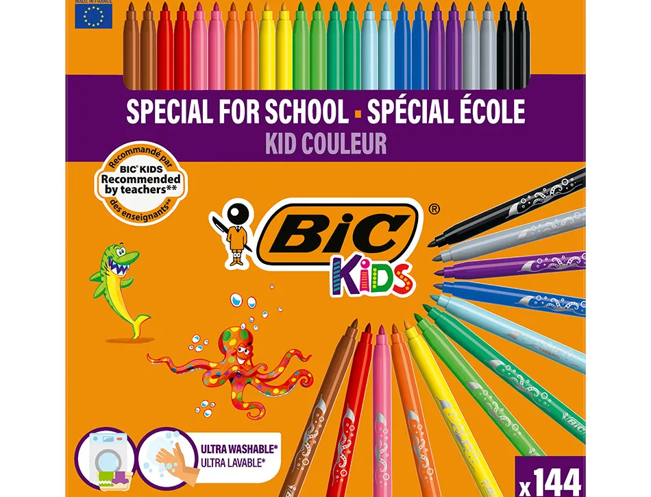 Feutre bic kids coloriage encre ultra-lavable capuchon ventilé pointe bloquée décor fantaisie pack scolaire 144 unités