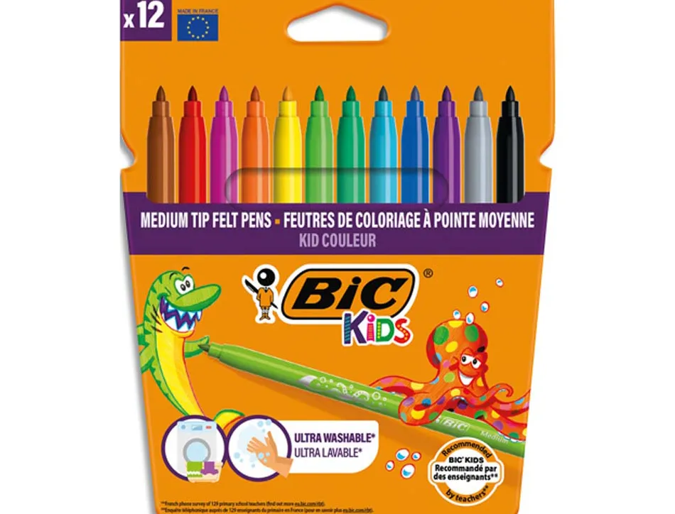 Feutre bic kids coloriage encre ultra-lavable capuchon ventilé pointe bloquée décor fantaisie pochette 12 unités