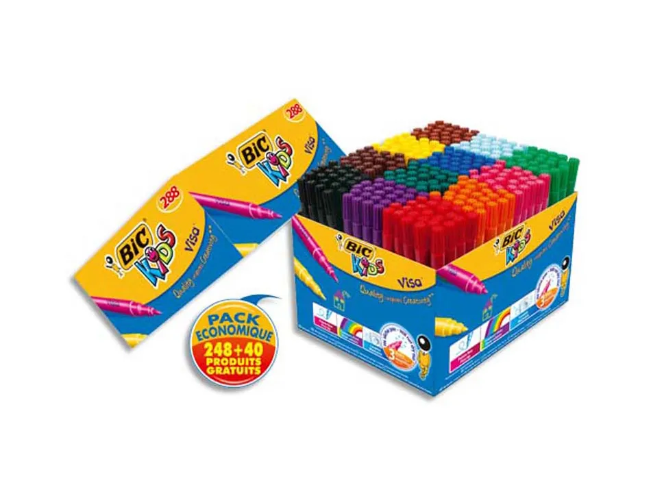 Feutre bic kids visa coloriage pointe fine bloquée ultra-résistante 12 couleurs assorties coffret scolaire 288 unités