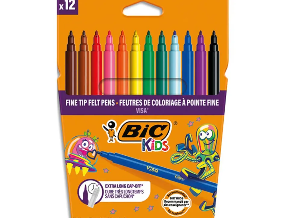 Feutre bic kids visa coloriage encre lavable capuchon ventilé pointe bloquée ultra-résistante étui carton 12 unités