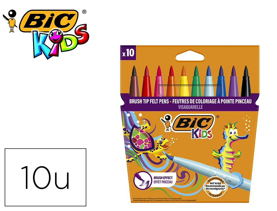 Feutre bic kids visaquarelle encre lavable pointe pinceau extra-souple bloquée couleurs très vives étui carton 10u