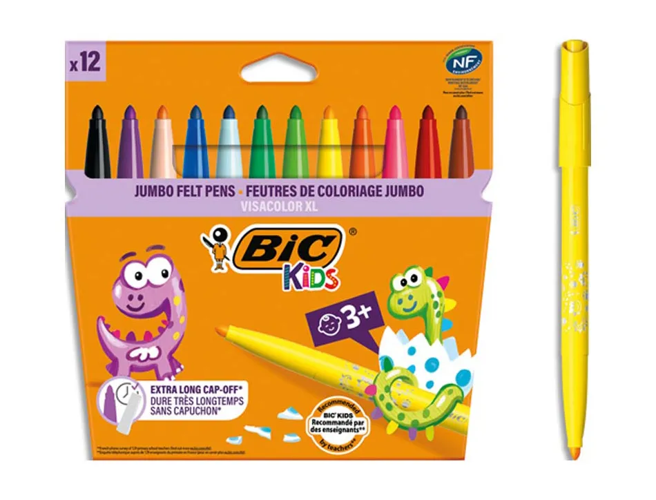 Feutre coloriage bic kids visacolor xl encre lavable pointe extra-large bloquée couleurs très vives étui carton 12u