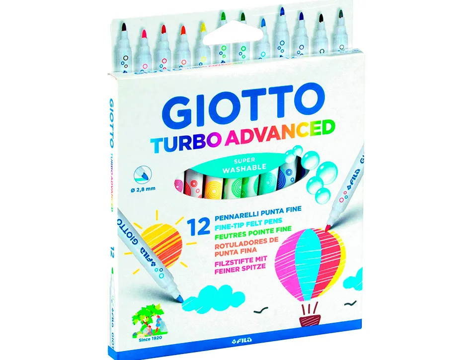Feutre coloriage giotto turbo advanced capuchon ventilé pointe fine encre base eau colo ris assortis étui 12 unités