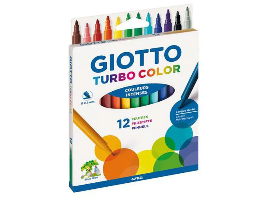 Feutre coloriage giotto turbo color ultra longue durée pointe bloquée polyester indéformable étui accrochable 12 unités