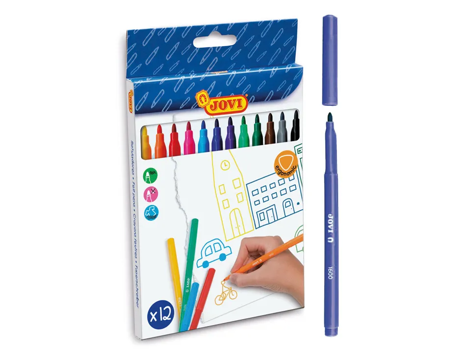 Feutre coloriage jovi lavable capuchon sécurité ventilé pointe solide 3mm 2 formats fine/maxi pochette 12 unités