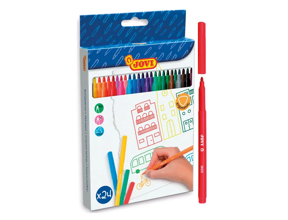 Feutre coloriage jovi lavable capuchon sécurité ventilé pointe solide 3mm 2 formats fine/maxi pochette 24 unités
