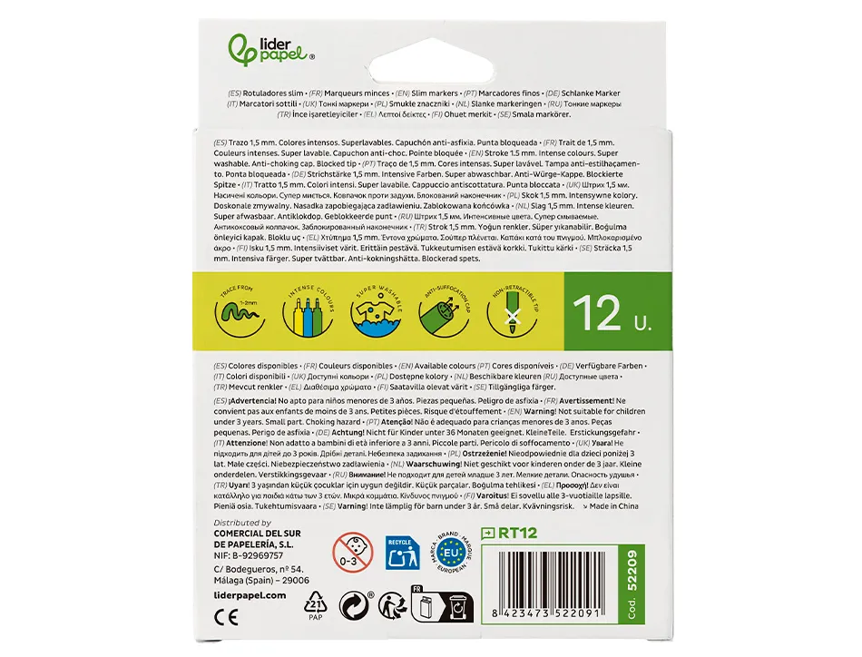 Feutre coloriage liderpapel slim longueur écriture 800m pointe nylon 2mm diamètre étui carton 12 unités