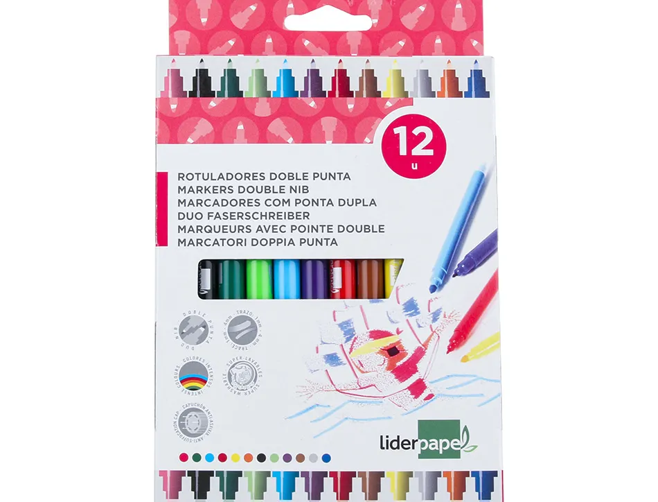 Feutre coloriage liderpapel duo 2 pointes fibre 5mm et 2.5mm longueur écriture 800m boîte carton 12 unités