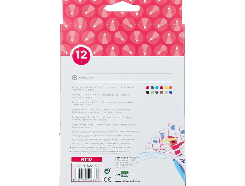 Feutre coloriage liderpapel duo 2 pointes fibre 5mm et 2.5mm longueur écriture 800m boîte carton 12 unités