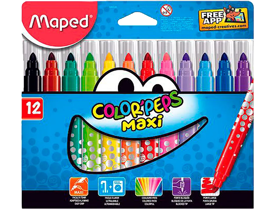 Feutre coloriage maped color'peps maxi triangulaire encore ultra-lavable pointe bloquée large pochette 12 unités
