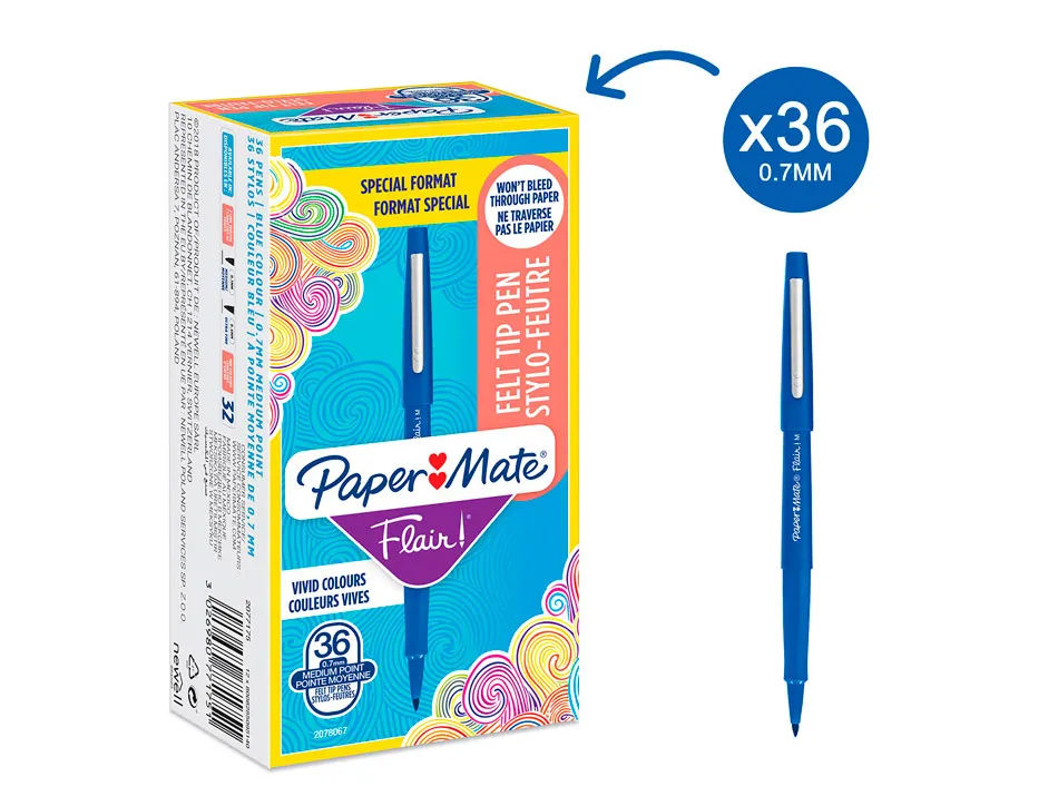 Feutre coloriage paper mate flair encre base eau pointe moyenne 0,7mm coloris bleu boite 30 unites + 6 gratuites