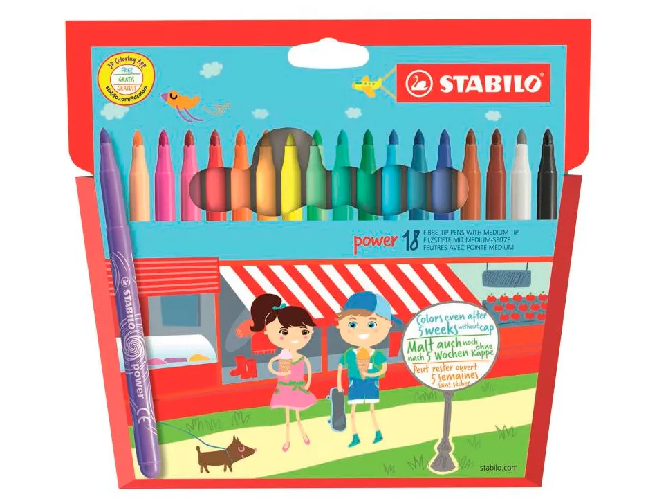 Feutre coloriage stabilo power capuchon ventilé encre lavable pointe moyenne ne sèche pas pochette 18 unités