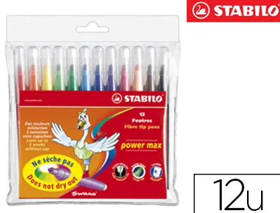 Feutre coloriage stabilo power max encre lavable corps large pointe large bloquée pochette 12 unités
