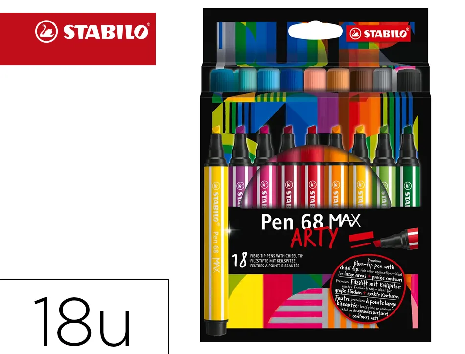 Feutre coloriage stabilo pen 68 max arty encre aquarellablepointe large biseautee etui carton 18 coloris assortis