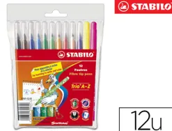 Feutre coloriage stabilo trio triangulaire encre super lavable pointe moyenne pochette 12 unités + 2 fluos