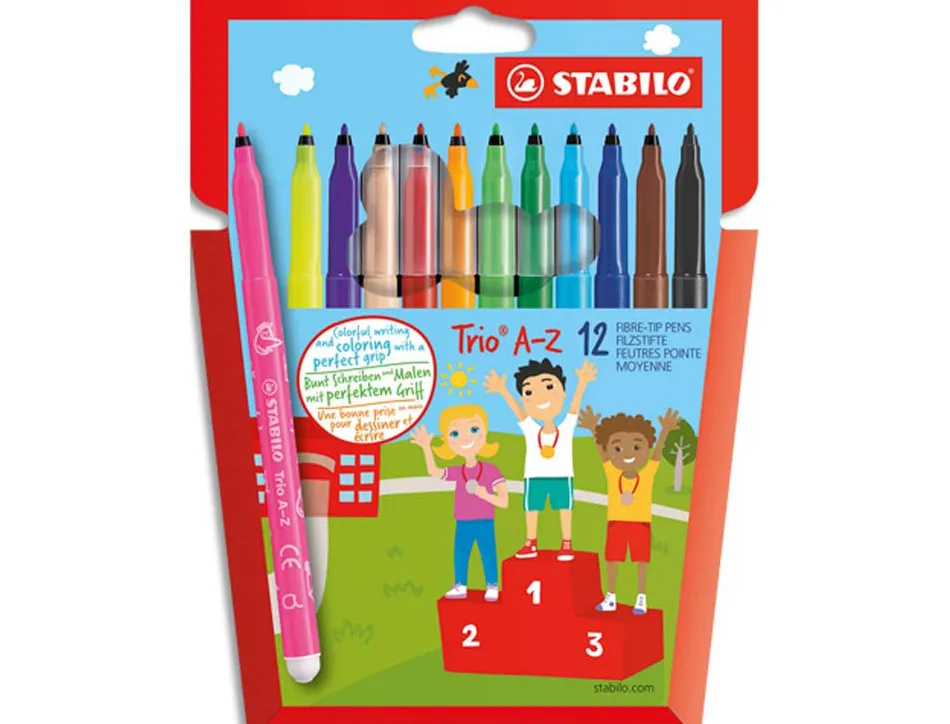Feutre de coloriage stabilo trio a-z coloris assortis dont 2 fluo etui carton de 12
