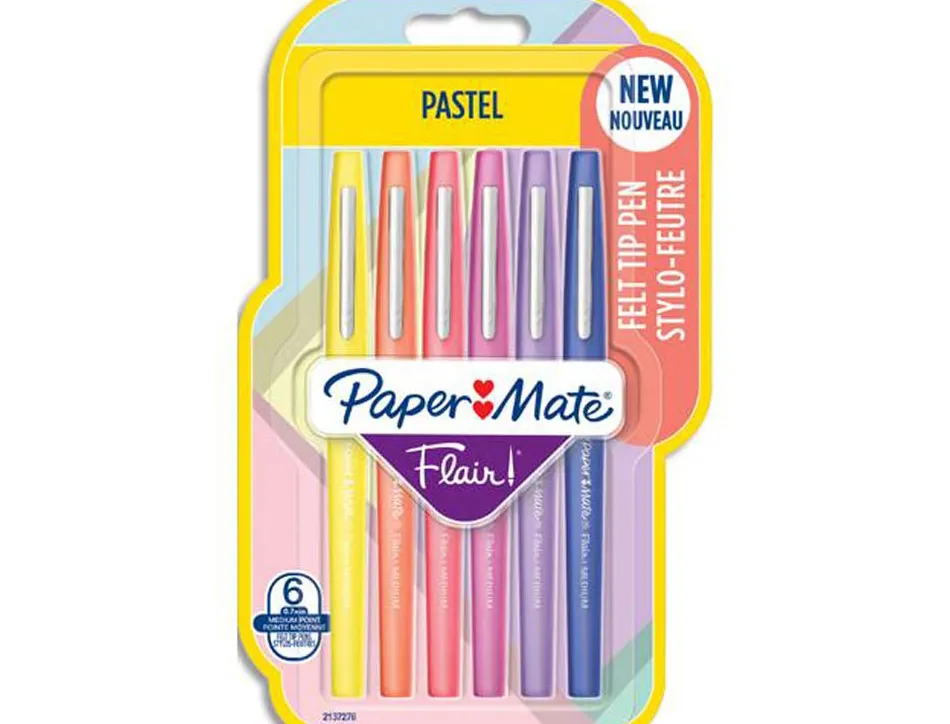 Feutre ecriture paper mate flair pastel pointe nylon 0,7mm bouchon ventile clip metal blister 6 unites