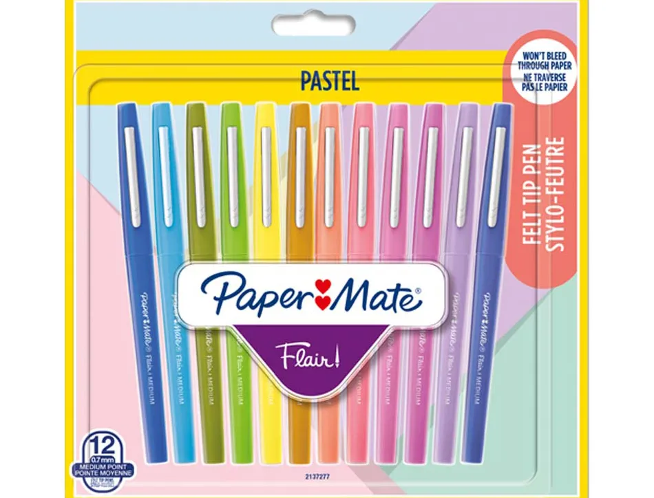 Feutre ecriture paper mate flair pastel pointe nylon 0,7mm bouchon ventile clip metal blister 12 unites