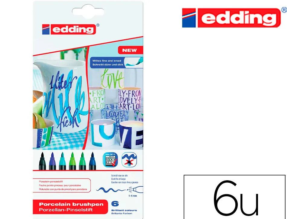 Feutre edding porcelaine e4200 céramique émaillée verre pointe pinceau fine flexible pochette 6 coloris froids
