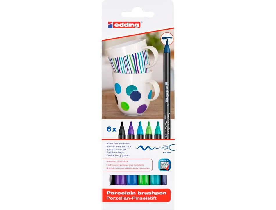 Feutre edding porcelaine e4200 céramique émaillée verre pointe pinceau fine flexible pochette 6 coloris froids