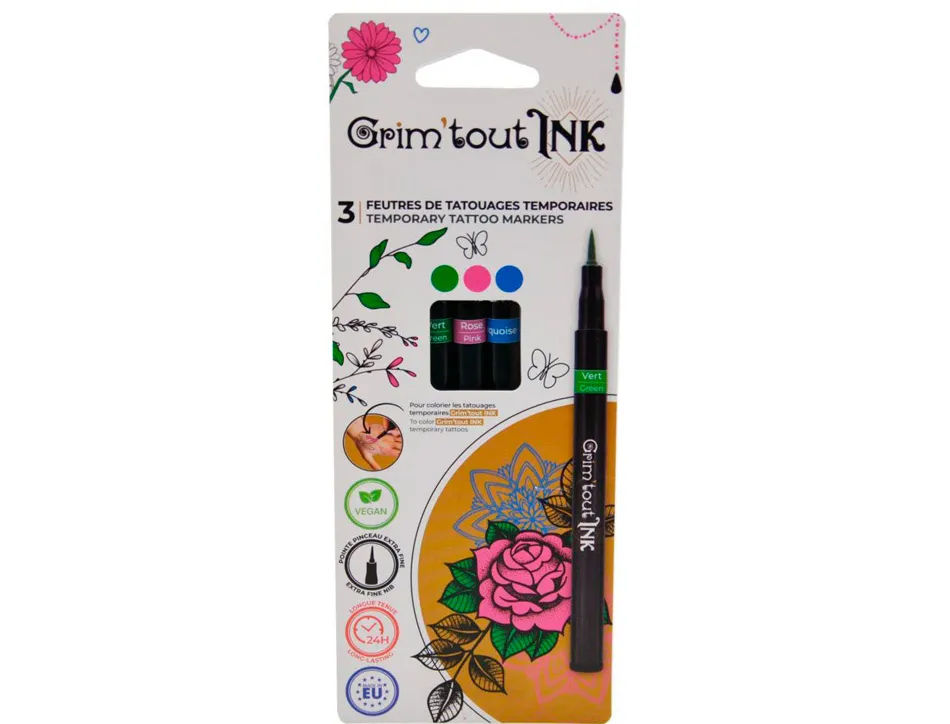 Feutre grim'tout ink tatouage temporaire pointe pinceau extra fine coloris complementaires assortis set