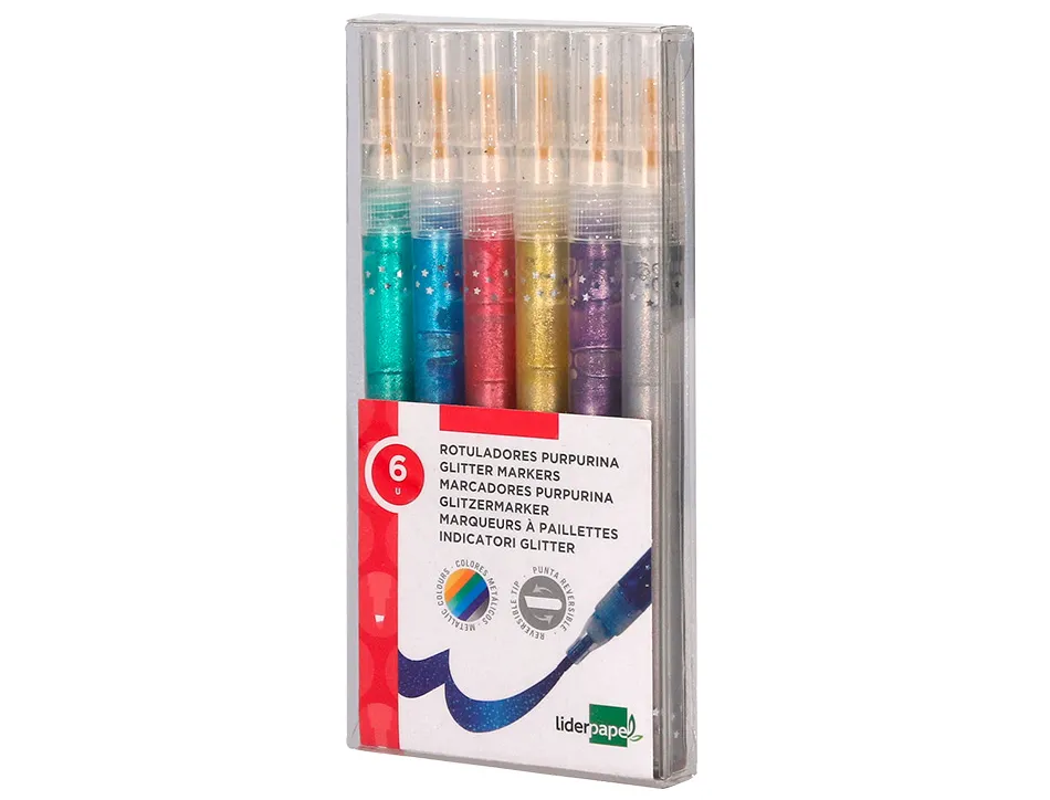 Feutre liderpapel encre metallisee pailletee double pointe etui de 6u assorties