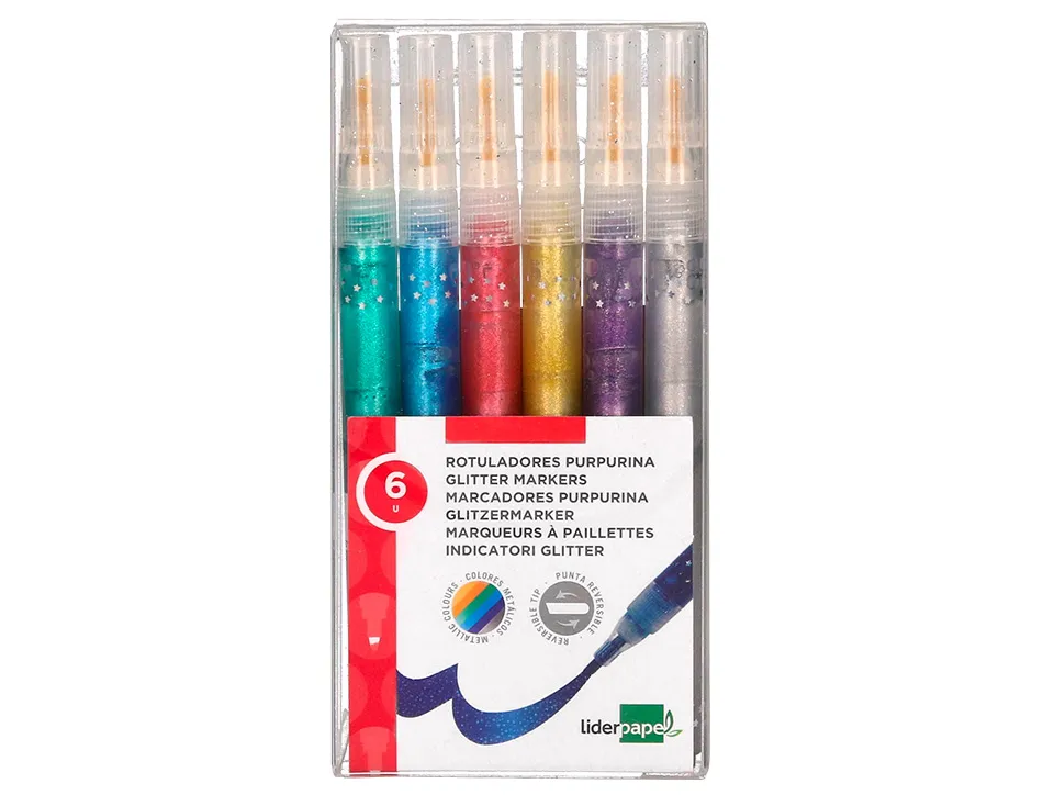 Feutre liderpapel encre metallisee pailletee double pointe etui de 6u assorties