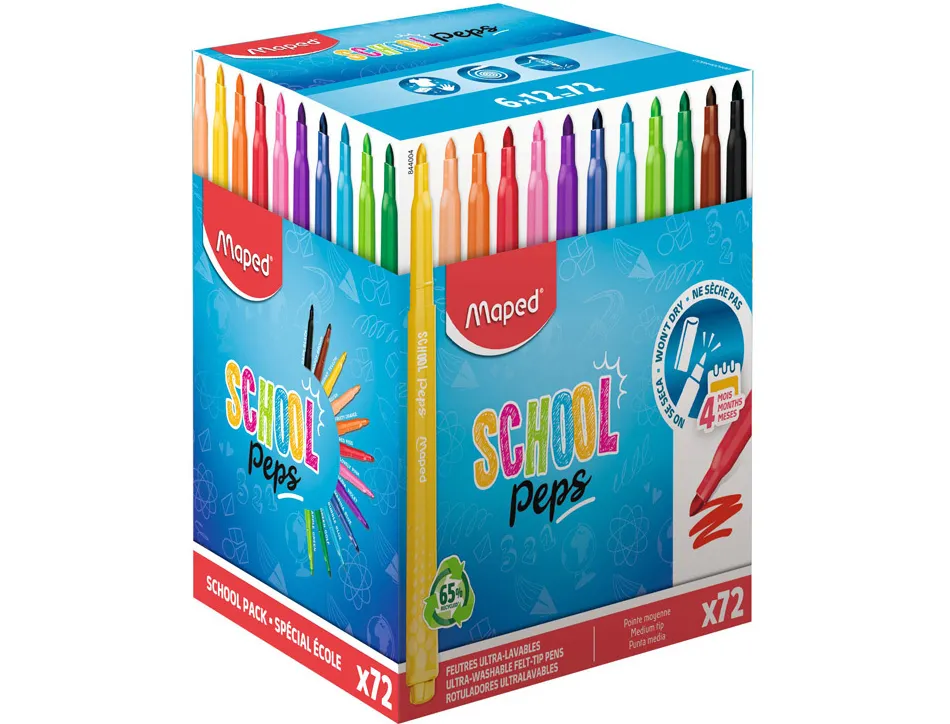 Feutre maped school peps 2.0 pointe moyenne coloris assortis school pack 72 unites