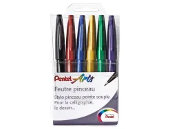 Feutre pinceau pentel arts pointe souple 2,07mm trait 0,3-0,7mm encre aquarellable coloris assortis pochette 6