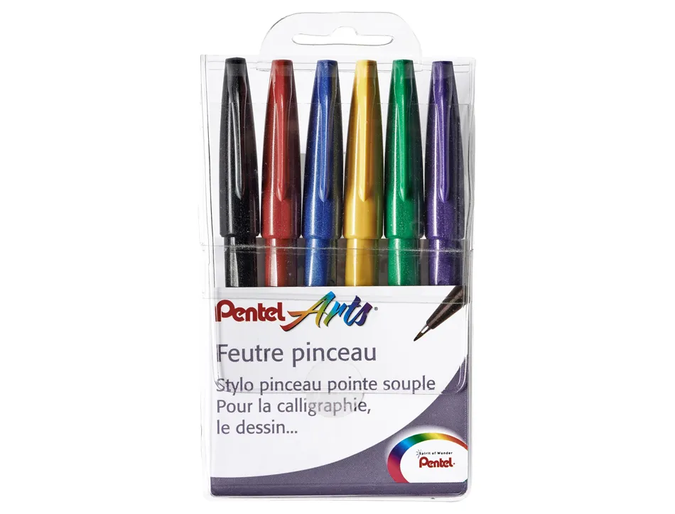 Feutre pinceau pentel arts pointe souple 2,07mm trait 0,3-0,7mm encre aquarellable coloris assortis pochette 6