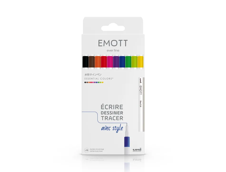 Feutre uniball emott essential colors pointe fine coloris assortis pochette 10 unites