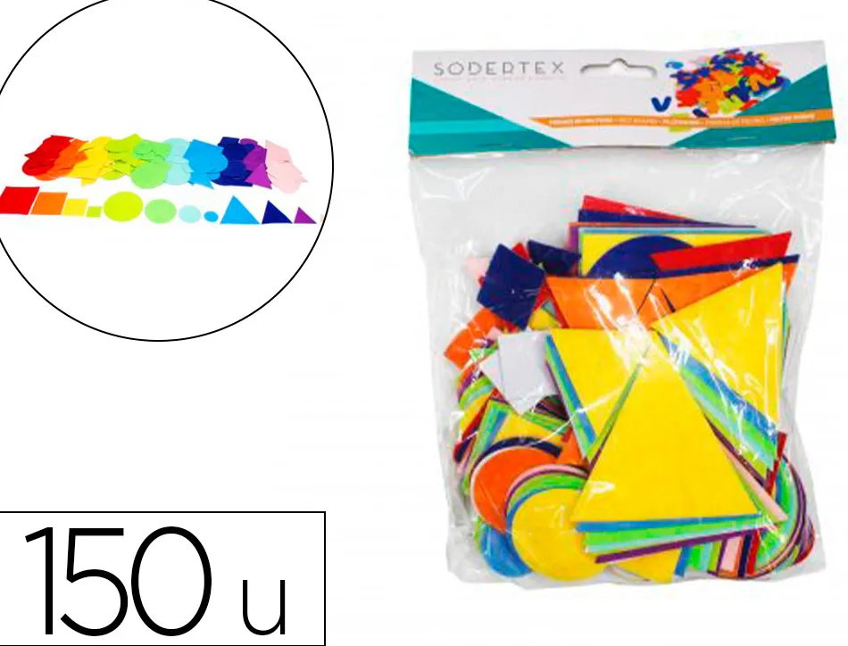 Feutrine adhesive sodertex pack geometriques rond carre et triangle 1mm 4 tailles 150 pcs 10 coloris assortis
