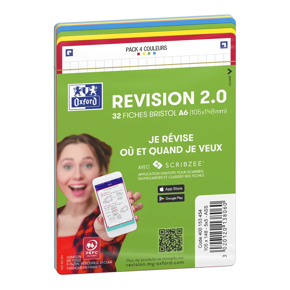 Fiches bristol oxford revision 2.0 a6 non perforee 32 fiches/film q5x5 couleurs assorties
