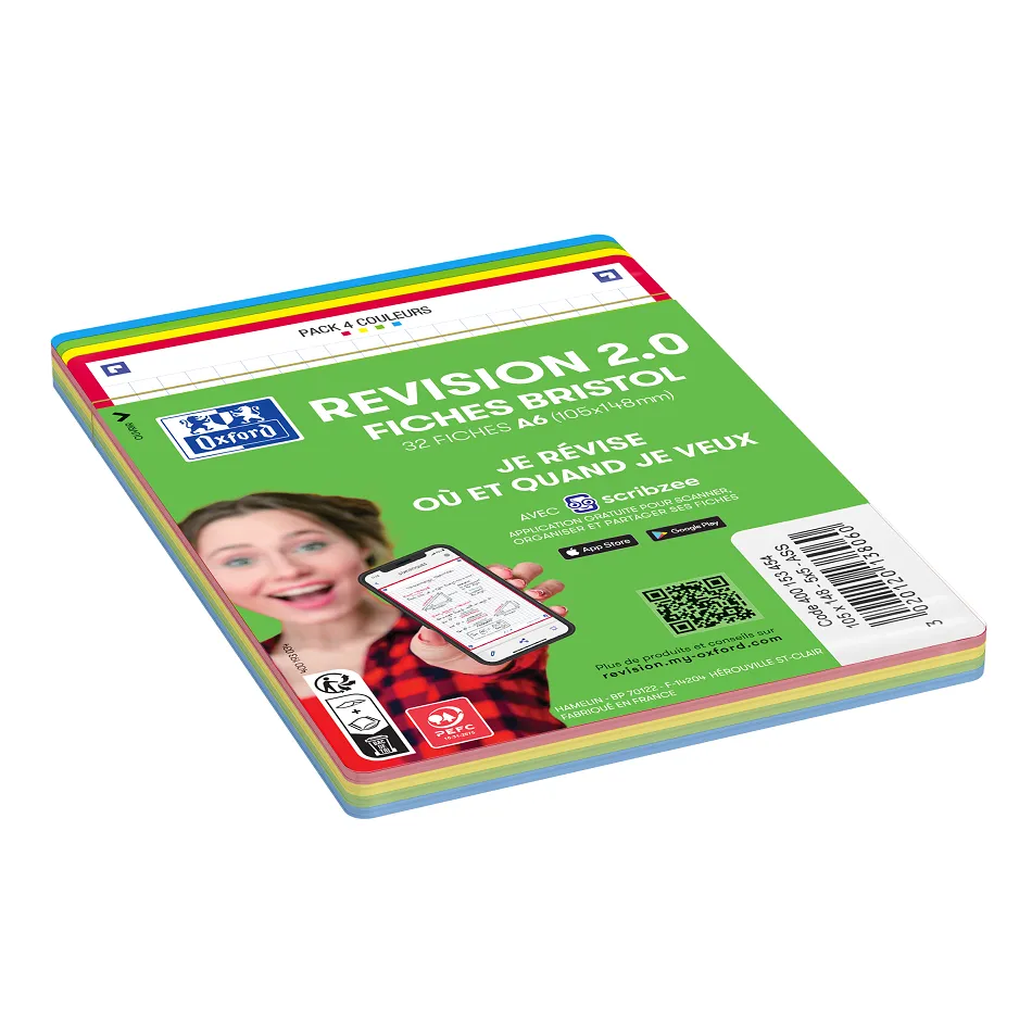 Fiches bristol oxford revision 2.0 a6 non perforee 32 fiches/film q5x5 couleurs assorties