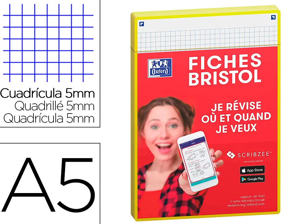 Fiches oxford bristol revision 2.0 oxford a5 perforee 32 fiches/film q5x5 cadre jaune
