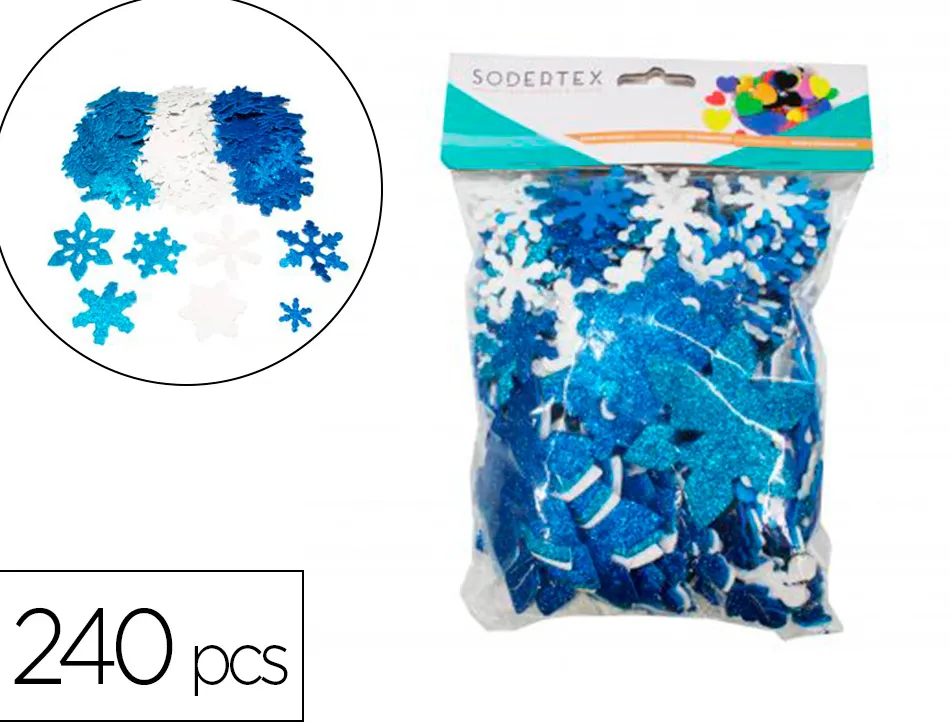 Flocons de neige sodertex en mousse eva pailletee 2mm 3 tailles 240 pcs 3 coloris assortis
