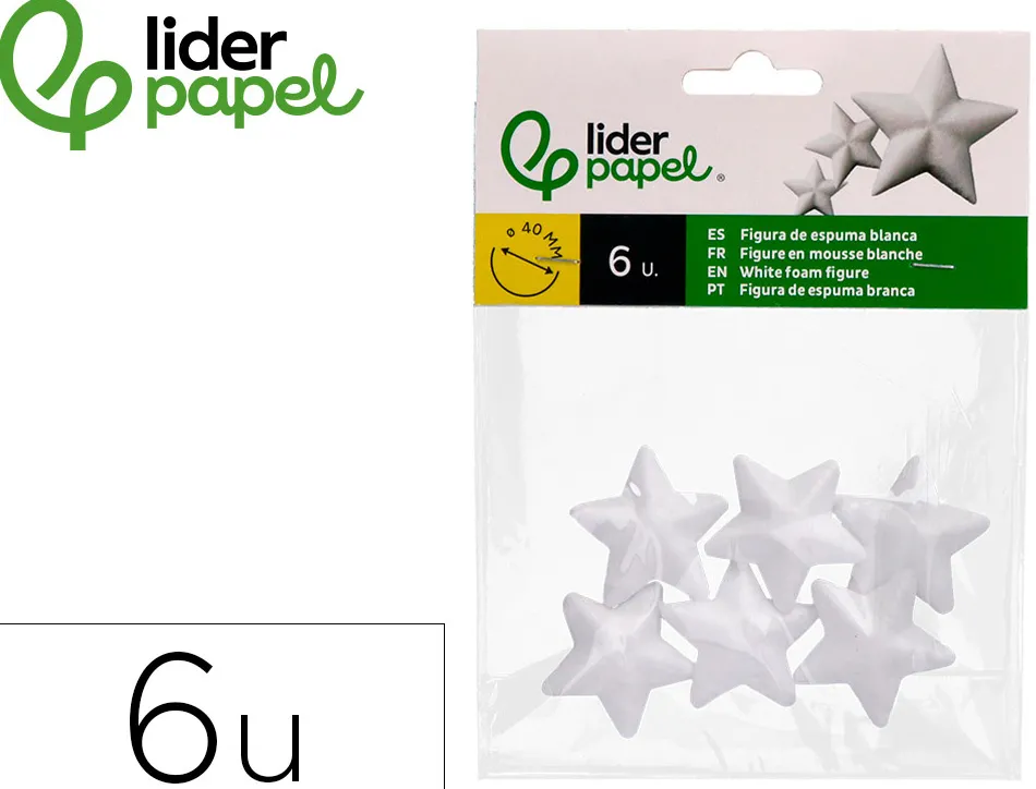 Forme liderpapel mousse polystyrene etoiles 4cm coloris blanc sachet 6 unites