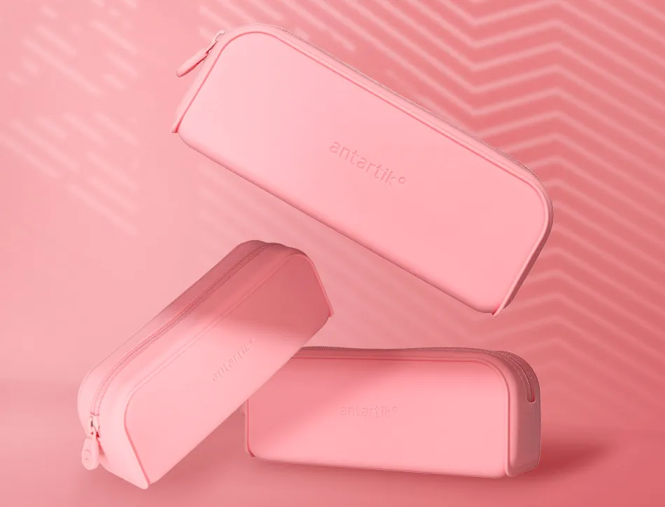 Fourre-tout antartik rectangulaire 1 compartiment en silicone modele prisma 185x50x75mm coloris rose