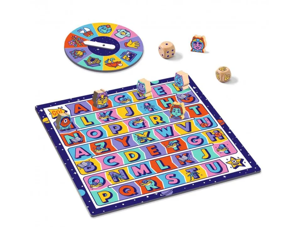 Francais djeco abc rapido jeu de vocalbulaire 1 roue 1 plateau 6 pions 2 a 6 joueurs