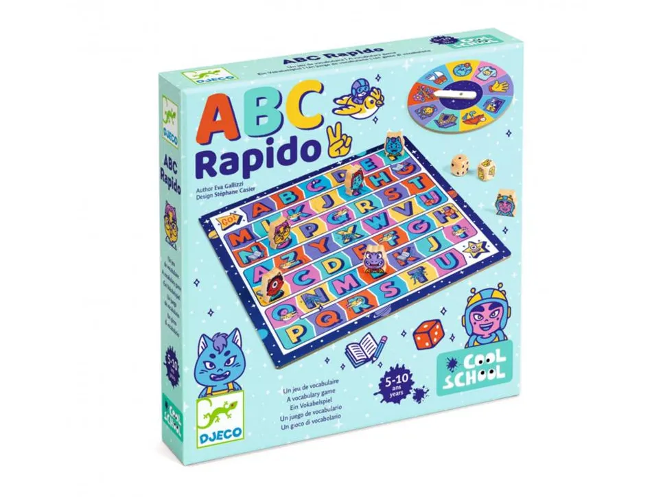 Francais djeco abc rapido jeu de vocalbulaire 1 roue 1 plateau 6 pions 2 a 6 joueurs
