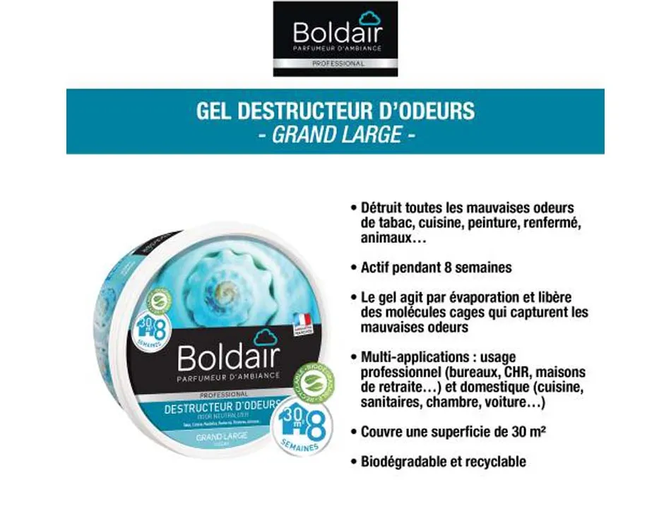 Gel boldair destructeur odeur gel solide évaporation régulière surface 30m2 non toxique biodégradable marine