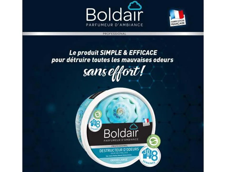 Gel boldair destructeur odeur gel solide évaporation régulière surface 30m2 non toxique biodégradable marine