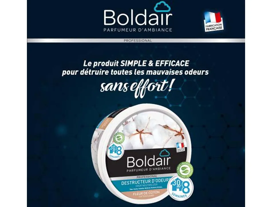 Gel boldair destructeur odeur gel solide évaporation régulière surface 30m2 non toxique biodégradable fleur coton