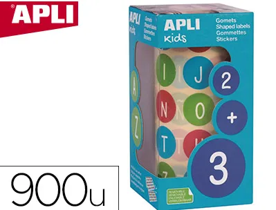 Gommette apli kids enlevable ronde 20mm abc majuscules multicolores rouleau 900 unités