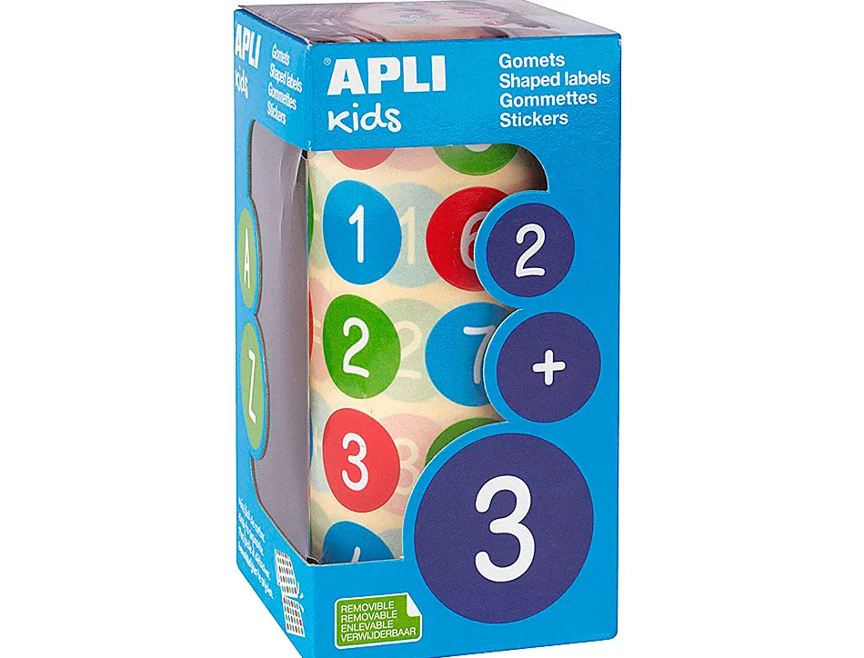 Gommette apli kids enlevable ronde 20mm 123 majuscules multicolores rouleau 900 unités