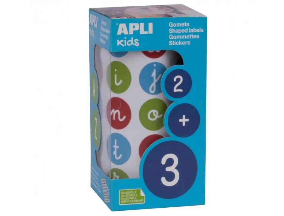 Gommette apli lettres minuscules 20mm coloris assortis rouleau 900 unites