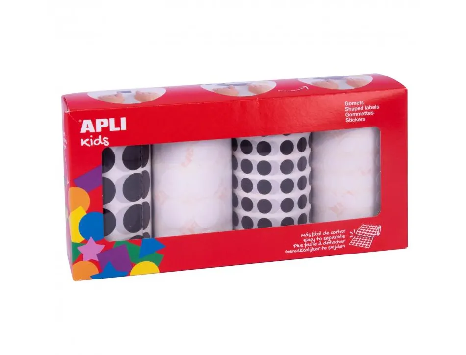 Gommette apli ronde diametre et coloris noir et blanc assortis 4 rouleaux 13924 unites