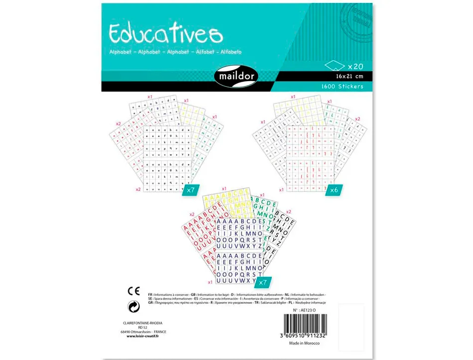 Gommette éducative maildor alphabet coloris rouge bleu vert jaune noir 6 planches 1600 unités