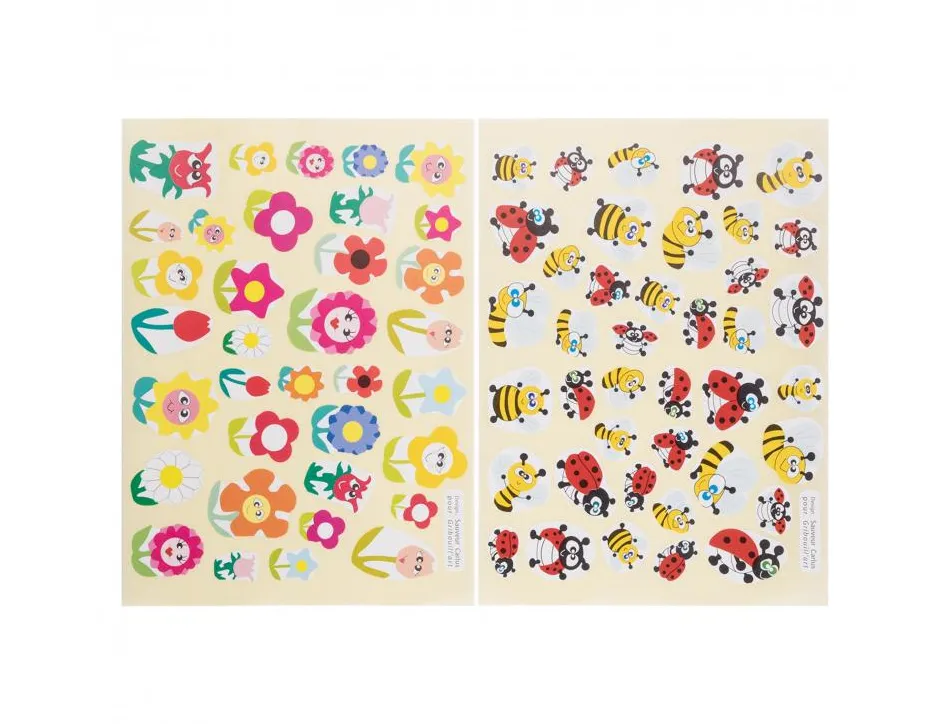 Gommette fantaisie cleopatre fleurs abeilles coccinelles planche a5 720 gommettes pochette de 20 planches